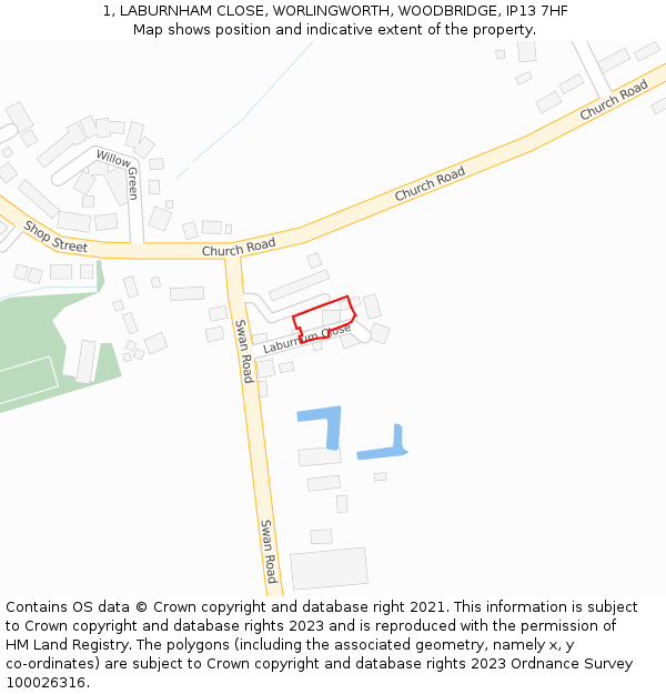 1, LABURNHAM CLOSE, WORLINGWORTH, WOODBRIDGE, IP13 7HF: Location map and indicative extent of plot