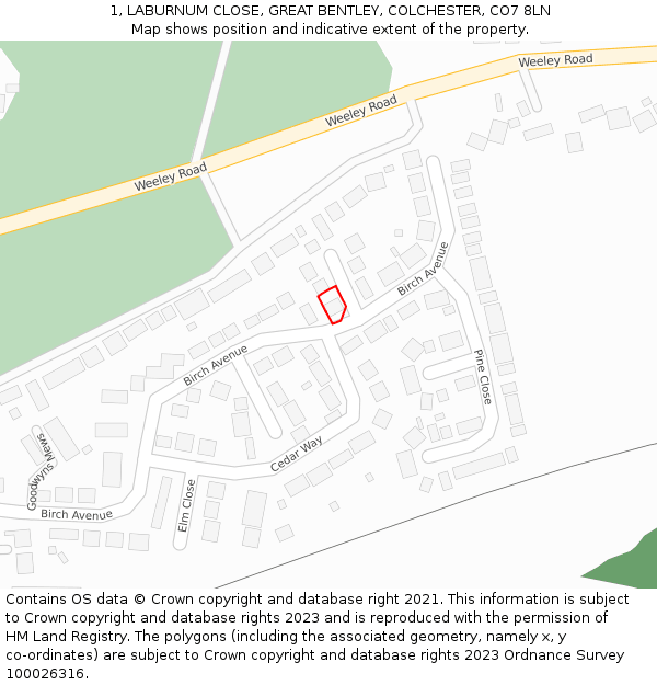 1, LABURNUM CLOSE, GREAT BENTLEY, COLCHESTER, CO7 8LN: Location map and indicative extent of plot