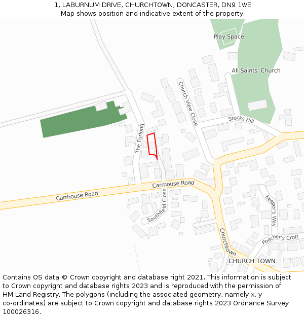 1, LABURNUM DRIVE, CHURCHTOWN, DONCASTER, DN9 1WE: Location map and indicative extent of plot