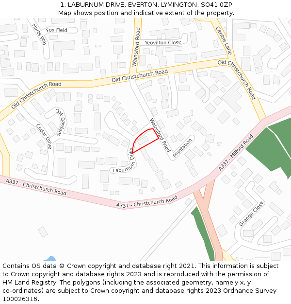 1, LABURNUM DRIVE, EVERTON, LYMINGTON, SO41 0ZP: Location map and indicative extent of plot