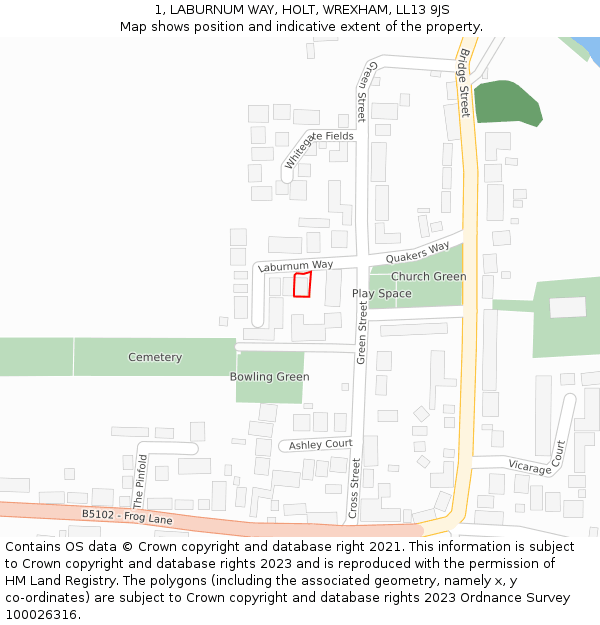 1, LABURNUM WAY, HOLT, WREXHAM, LL13 9JS: Location map and indicative extent of plot