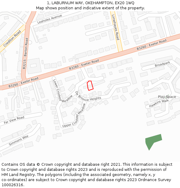 1, LABURNUM WAY, OKEHAMPTON, EX20 1WQ: Location map and indicative extent of plot