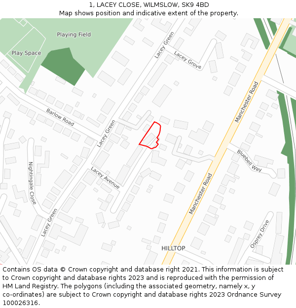 1, LACEY CLOSE, WILMSLOW, SK9 4BD: Location map and indicative extent of plot