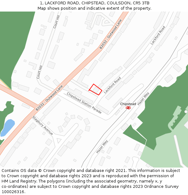 1, LACKFORD ROAD, CHIPSTEAD, COULSDON, CR5 3TB: Location map and indicative extent of plot