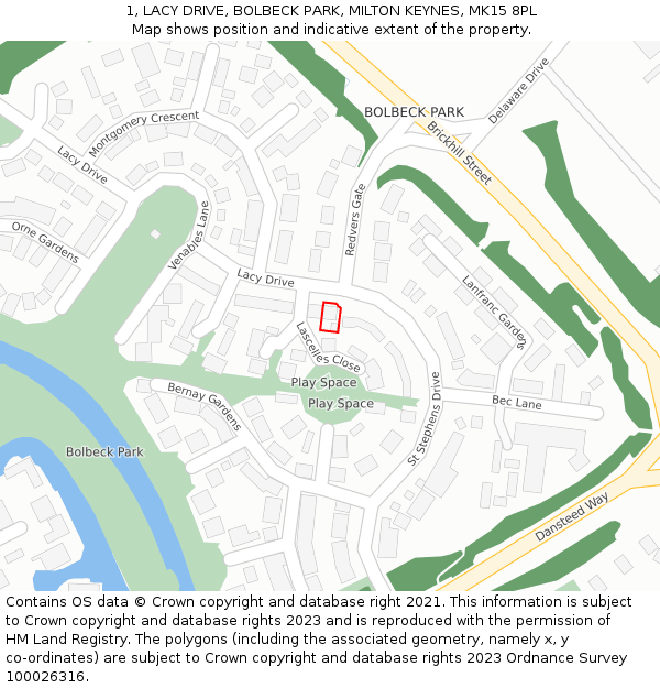 1, LACY DRIVE, BOLBECK PARK, MILTON KEYNES, MK15 8PL: Location map and indicative extent of plot