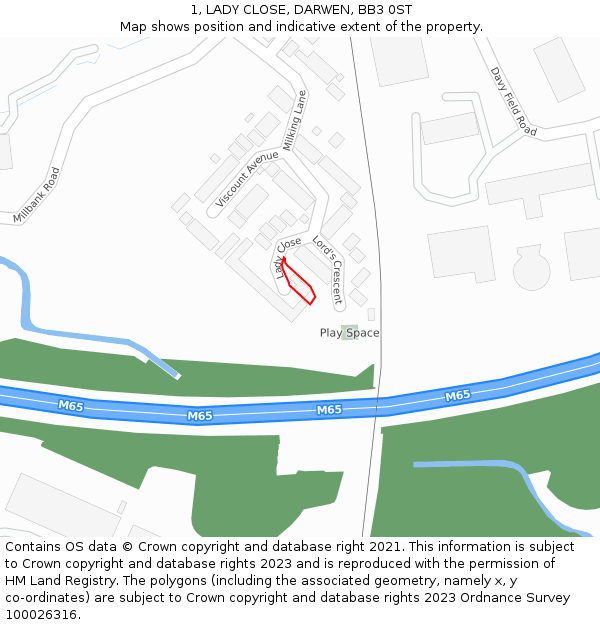 1, LADY CLOSE, DARWEN, BB3 0ST: Location map and indicative extent of plot