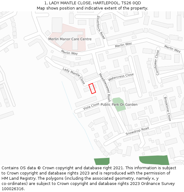1, LADY MANTLE CLOSE, HARTLEPOOL, TS26 0QD: Location map and indicative extent of plot