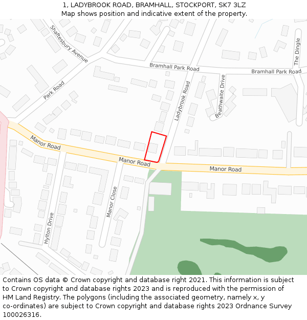 1, LADYBROOK ROAD, BRAMHALL, STOCKPORT, SK7 3LZ: Location map and indicative extent of plot