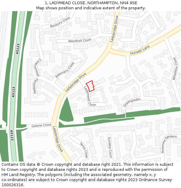 1, LADYMEAD CLOSE, NORTHAMPTON, NN4 9SE: Location map and indicative extent of plot