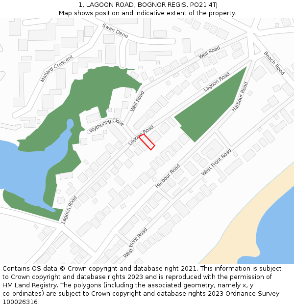 1, LAGOON ROAD, BOGNOR REGIS, PO21 4TJ: Location map and indicative extent of plot