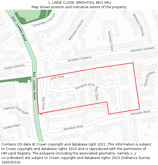 1, LAINE CLOSE, BRIGHTON, BN1 6RU: Location map and indicative extent of plot