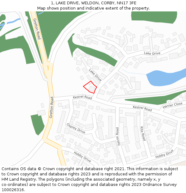 1, LAKE DRIVE, WELDON, CORBY, NN17 3FE: Location map and indicative extent of plot
