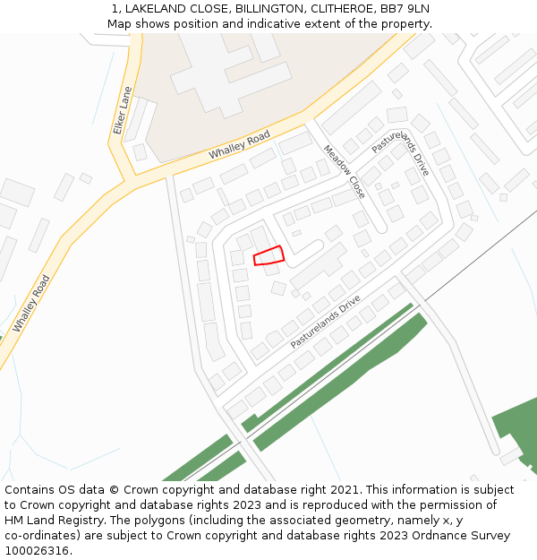 1, LAKELAND CLOSE, BILLINGTON, CLITHEROE, BB7 9LN: Location map and indicative extent of plot