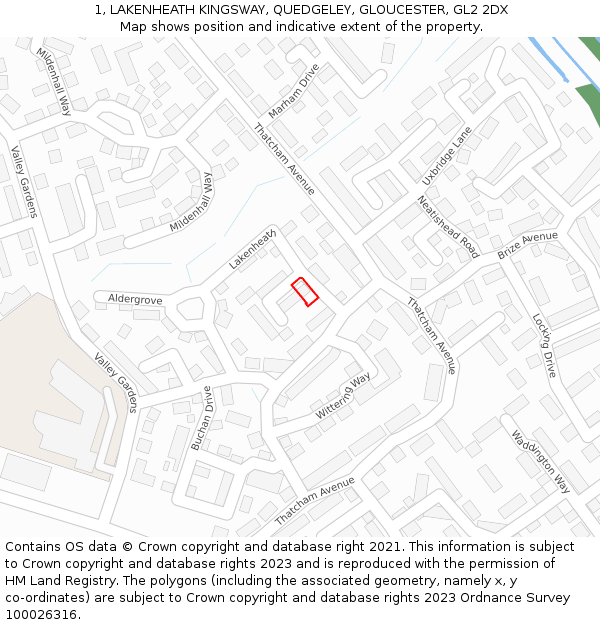 1, LAKENHEATH KINGSWAY, QUEDGELEY, GLOUCESTER, GL2 2DX: Location map and indicative extent of plot
