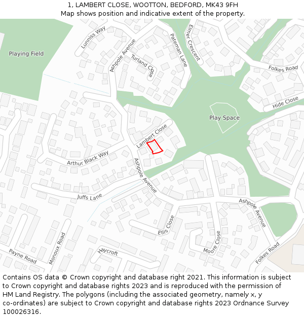 1, LAMBERT CLOSE, WOOTTON, BEDFORD, MK43 9FH: Location map and indicative extent of plot