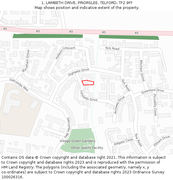 1, LAMBETH DRIVE, PRIORSLEE, TELFORD, TF2 9FF: Location map and indicative extent of plot