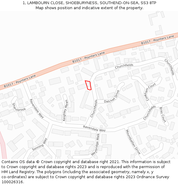 1, LAMBOURN CLOSE, SHOEBURYNESS, SOUTHEND-ON-SEA, SS3 8TP: Location map and indicative extent of plot