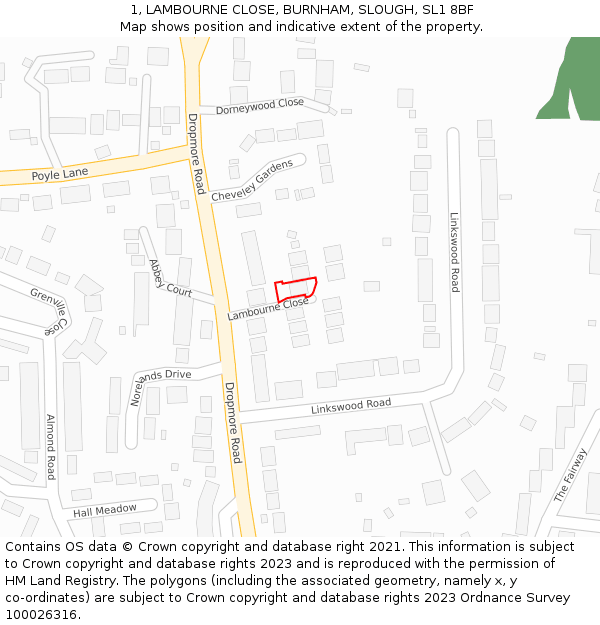 1, LAMBOURNE CLOSE, BURNHAM, SLOUGH, SL1 8BF: Location map and indicative extent of plot