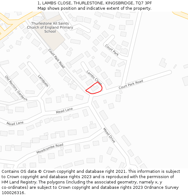 1, LAMBS CLOSE, THURLESTONE, KINGSBRIDGE, TQ7 3PF: Location map and indicative extent of plot