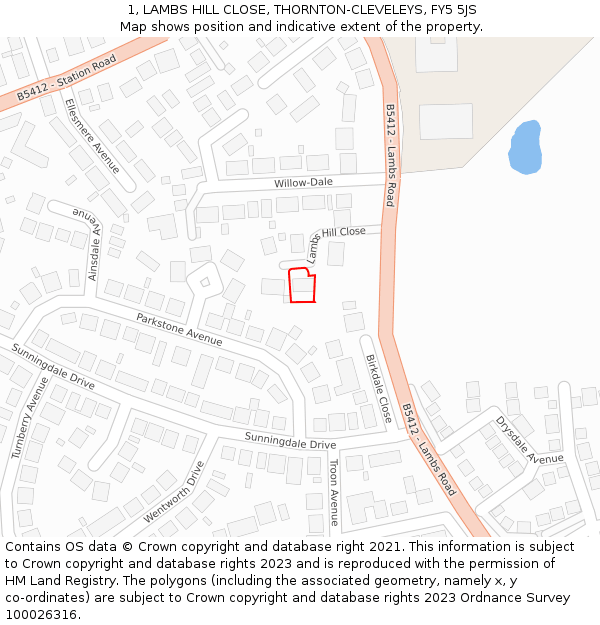 1, LAMBS HILL CLOSE, THORNTON-CLEVELEYS, FY5 5JS: Location map and indicative extent of plot