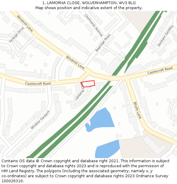 1, LAMORNA CLOSE, WOLVERHAMPTON, WV3 8LG: Location map and indicative extent of plot