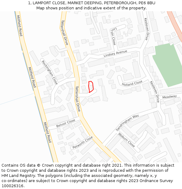 1, LAMPORT CLOSE, MARKET DEEPING, PETERBOROUGH, PE6 8BU: Location map and indicative extent of plot