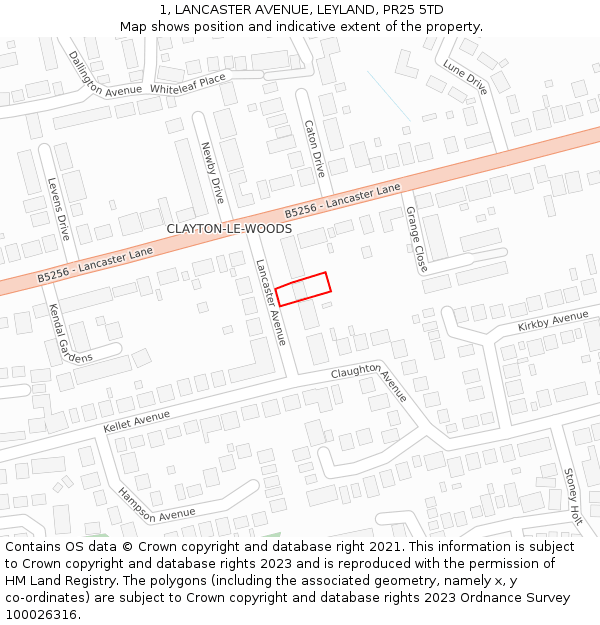 1, LANCASTER AVENUE, LEYLAND, PR25 5TD: Location map and indicative extent of plot