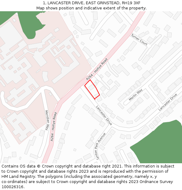 1, LANCASTER DRIVE, EAST GRINSTEAD, RH19 3XF: Location map and indicative extent of plot