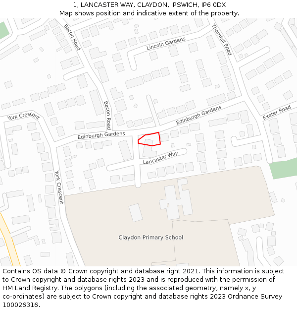 1, LANCASTER WAY, CLAYDON, IPSWICH, IP6 0DX: Location map and indicative extent of plot