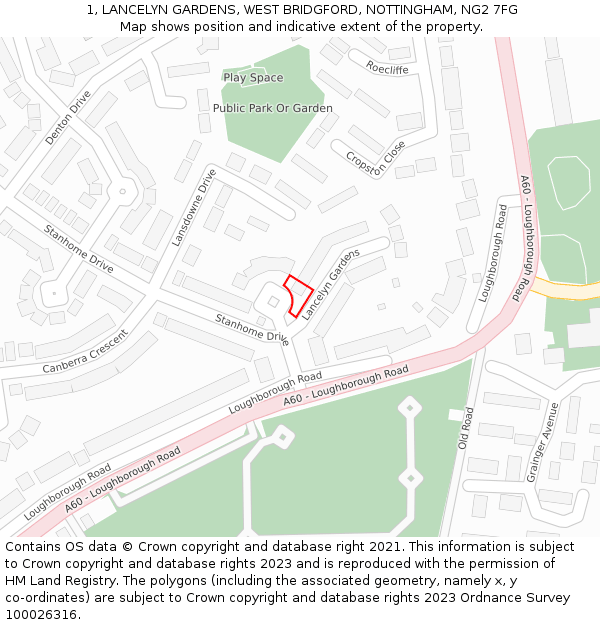 1, LANCELYN GARDENS, WEST BRIDGFORD, NOTTINGHAM, NG2 7FG: Location map and indicative extent of plot