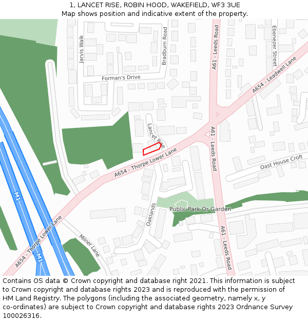 1, LANCET RISE, ROBIN HOOD, WAKEFIELD, WF3 3UE: Location map and indicative extent of plot