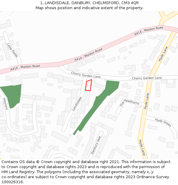 1, LANDISDALE, DANBURY, CHELMSFORD, CM3 4QR: Location map and indicative extent of plot