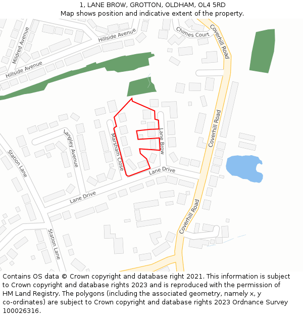 1, LANE BROW, GROTTON, OLDHAM, OL4 5RD: Location map and indicative extent of plot
