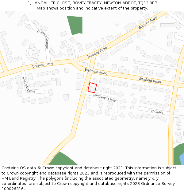 1, LANGALLER CLOSE, BOVEY TRACEY, NEWTON ABBOT, TQ13 9EB: Location map and indicative extent of plot