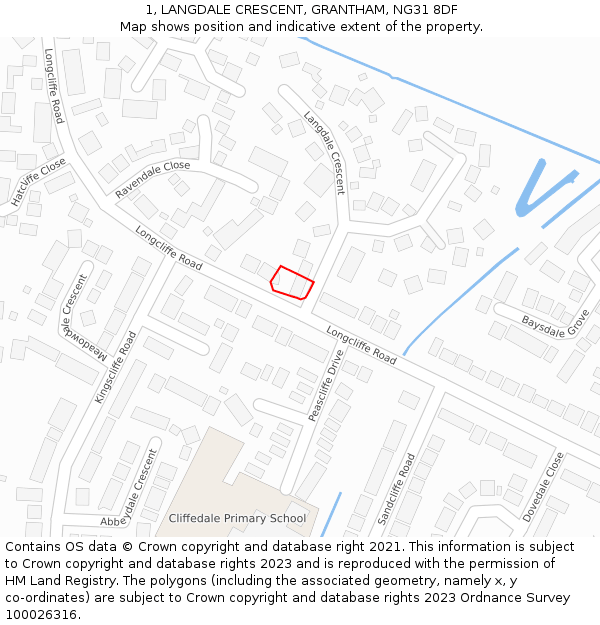 1, LANGDALE CRESCENT, GRANTHAM, NG31 8DF: Location map and indicative extent of plot