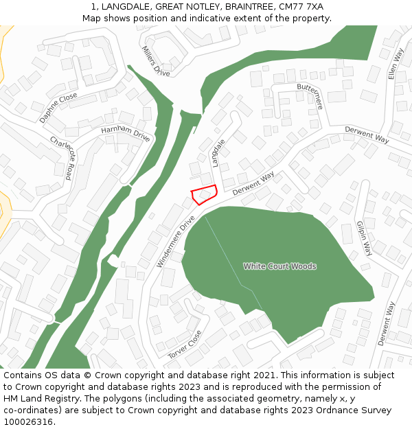 1, LANGDALE, GREAT NOTLEY, BRAINTREE, CM77 7XA: Location map and indicative extent of plot