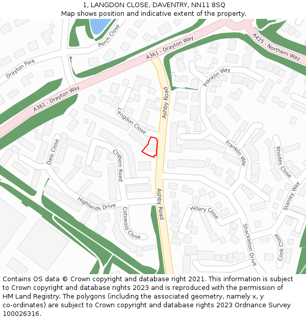 1, LANGDON CLOSE, DAVENTRY, NN11 8SQ: Location map and indicative extent of plot