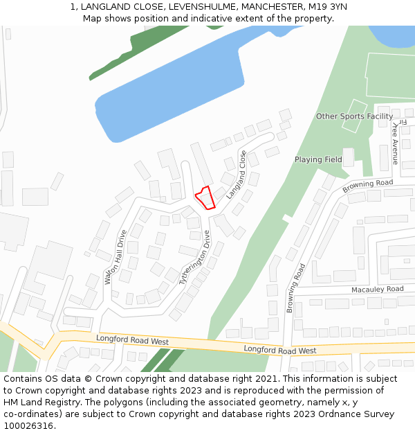 1, LANGLAND CLOSE, LEVENSHULME, MANCHESTER, M19 3YN: Location map and indicative extent of plot