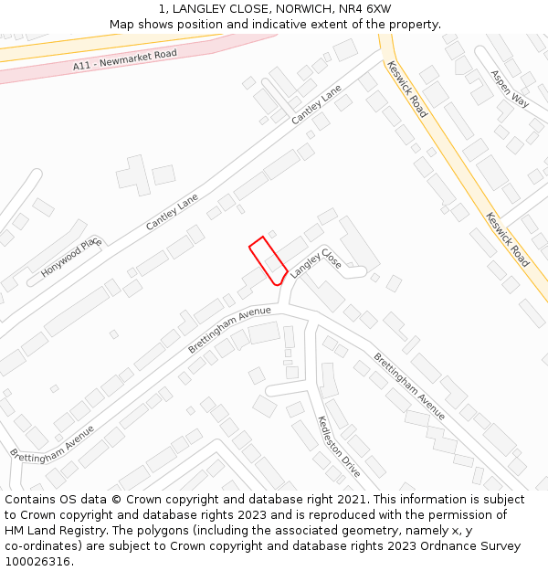 1, LANGLEY CLOSE, NORWICH, NR4 6XW: Location map and indicative extent of plot