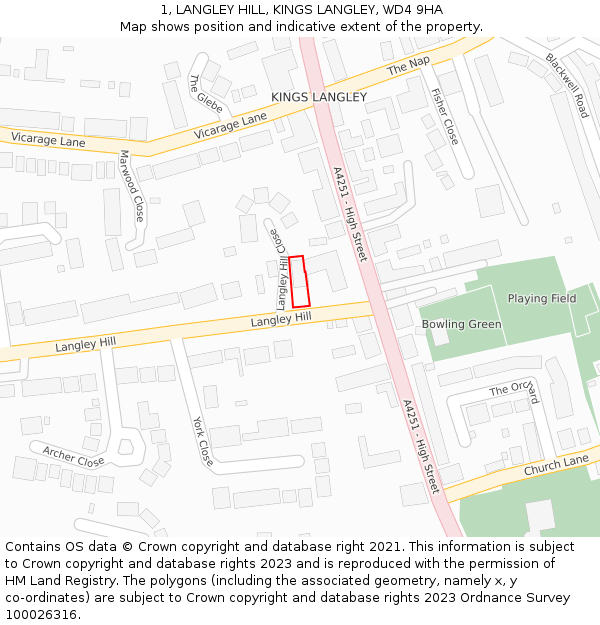 1, LANGLEY HILL, KINGS LANGLEY, WD4 9HA: Location map and indicative extent of plot