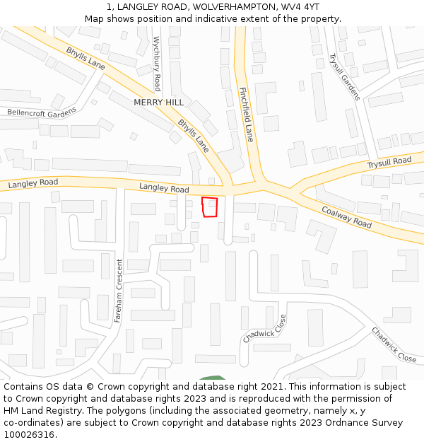 1, LANGLEY ROAD, WOLVERHAMPTON, WV4 4YT: Location map and indicative extent of plot