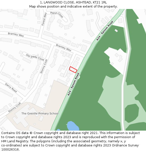 1, LANGWOOD CLOSE, ASHTEAD, KT21 1RL: Location map and indicative extent of plot