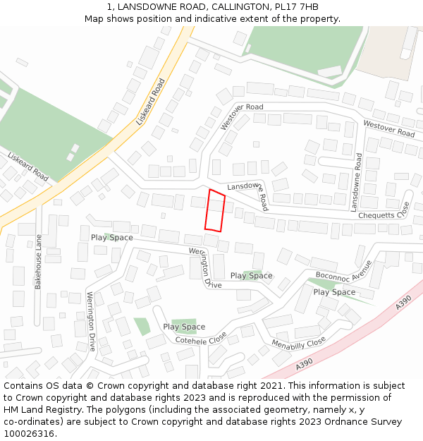 1, LANSDOWNE ROAD, CALLINGTON, PL17 7HB: Location map and indicative extent of plot