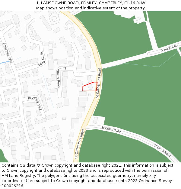 1, LANSDOWNE ROAD, FRIMLEY, CAMBERLEY, GU16 9UW: Location map and indicative extent of plot