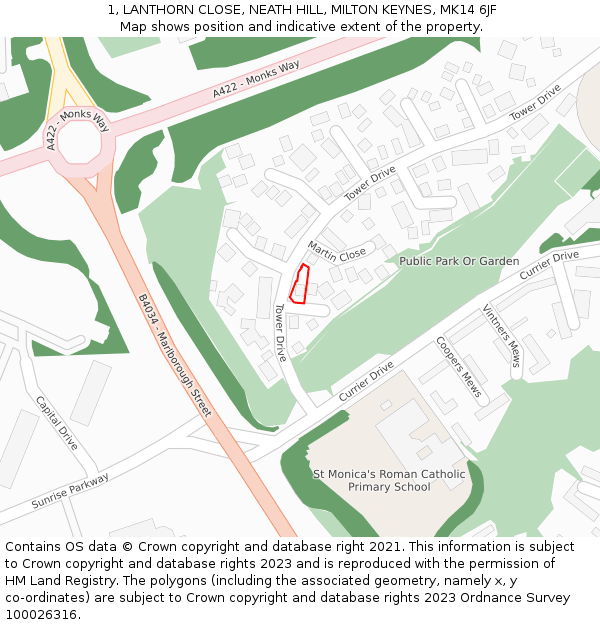 1, LANTHORN CLOSE, NEATH HILL, MILTON KEYNES, MK14 6JF: Location map and indicative extent of plot