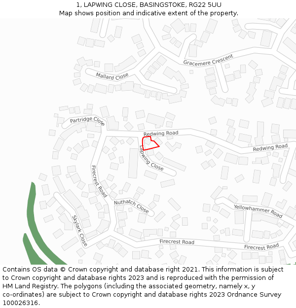 1, LAPWING CLOSE, BASINGSTOKE, RG22 5UU: Location map and indicative extent of plot