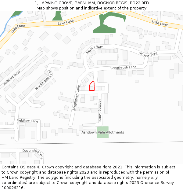 1, LAPWING GROVE, BARNHAM, BOGNOR REGIS, PO22 0FD: Location map and indicative extent of plot