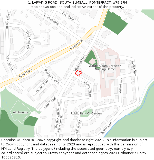 1, LAPWING ROAD, SOUTH ELMSALL, PONTEFRACT, WF9 2FN: Location map and indicative extent of plot