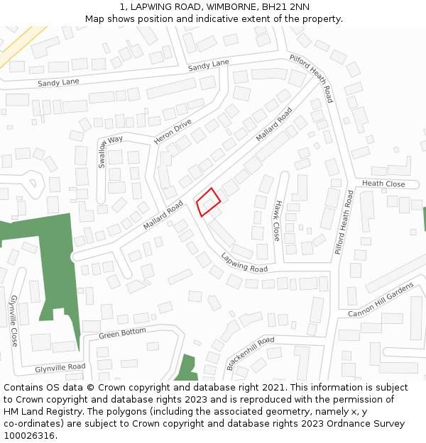 1, LAPWING ROAD, WIMBORNE, BH21 2NN: Location map and indicative extent of plot