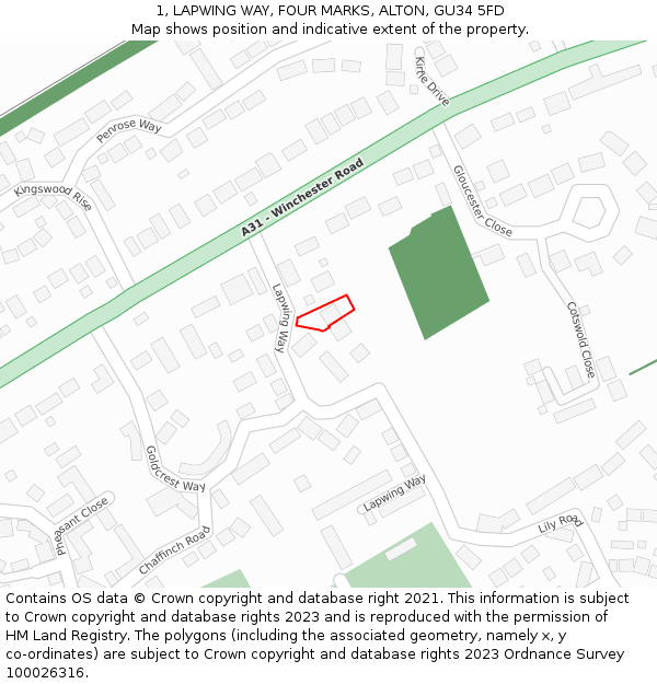 1, LAPWING WAY, FOUR MARKS, ALTON, GU34 5FD: Location map and indicative extent of plot